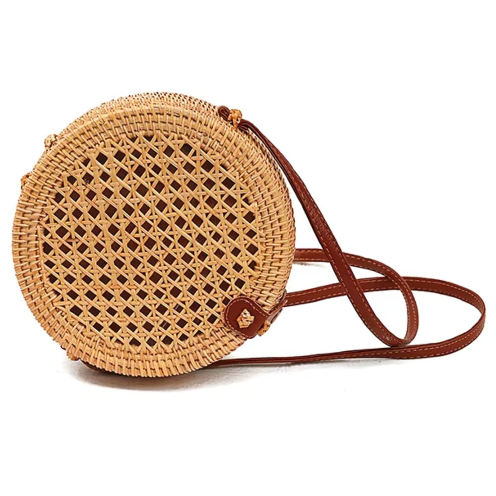 Handwoven Round Rattan Purse With Leather Strap Boho Straw Crossbody :<